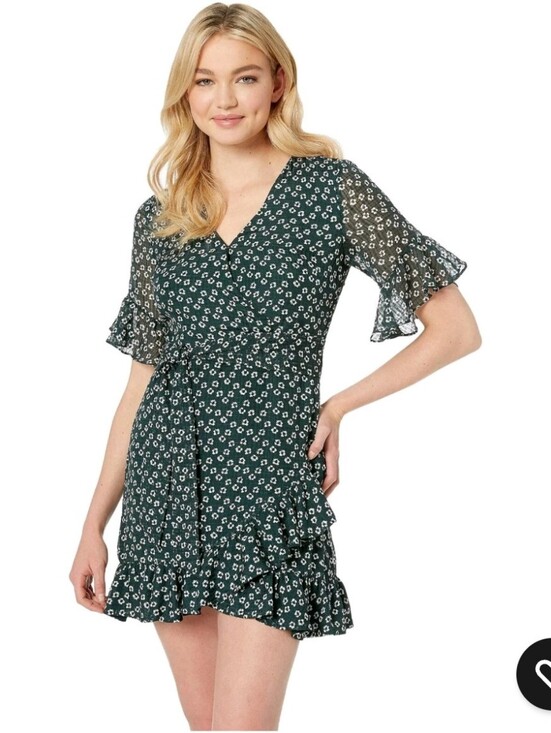 1. State Dresses & Skirts - 1.State Flounce Mini Wrap Dress Green White Flower Etching Short Sleeve Size 0